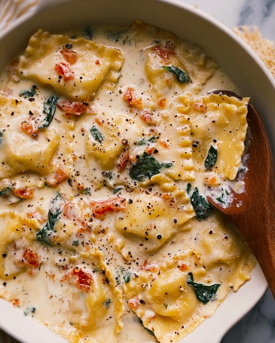 This is a close-up of a dish with four ravioli pasta pieces in a creamy white sauce. The ravioli are light yellow and have a soft, slightly wrinkled texture with scalloped edges. The sauce is thick and smooth with visible small pieces of green spinach leaves and bits of red tomato. Black pepper is sprinkled lightly over the whole dish, adding small dark specks seen on the ravioli and sauce. In the top right corner, a wooden spoon with a textured surface is partially dipped into the creamy sauce. The background is a white marbled surface. photo taken with an iphone --ar 4:5 --v 7