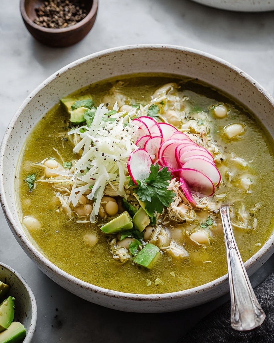 A large shallow white bowl holds a green broth soup with a slightly oily surface. Inside the soup are bite-sized pieces of white chicken and small round hominy kernels. On top, there is a small pile of thin white shredded cabbage in the center. Around the cabbage are thin, delicate slices of radish with white centers and pink edges, along with chunks of light green avocado. Small green cilantro leaves are scattered on top, adding freshness. A silver spoon rests inside the bowl. The bowl sits on a white marbled surface with a small white dish of cracked black pepper nearby. Photo taken with an iphone --ar 4:5 --v 7