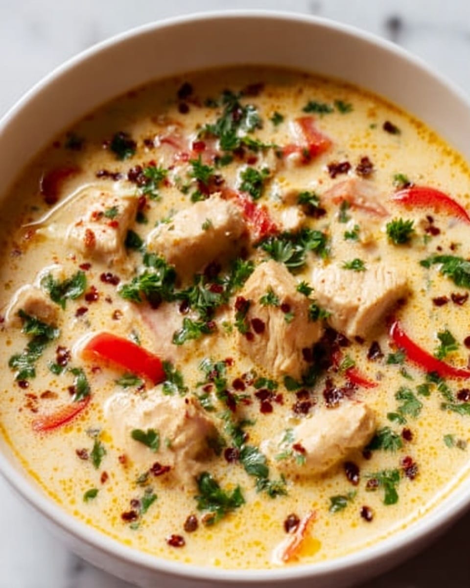 A white bowl filled with a creamy yellow curry featuring several chunks of light brown chicken pieces. Bright red slices of bell pepper and small bits of dark red spices are scattered throughout the sauce. The dish is topped with fresh green parsley leaves, adding a touch of brightness. The creamy sauce has a smooth texture, slightly thick, with visible herbs. The bowl rests on a white marbled surface. Photo taken with an iphone --ar 4:5 --v 7
