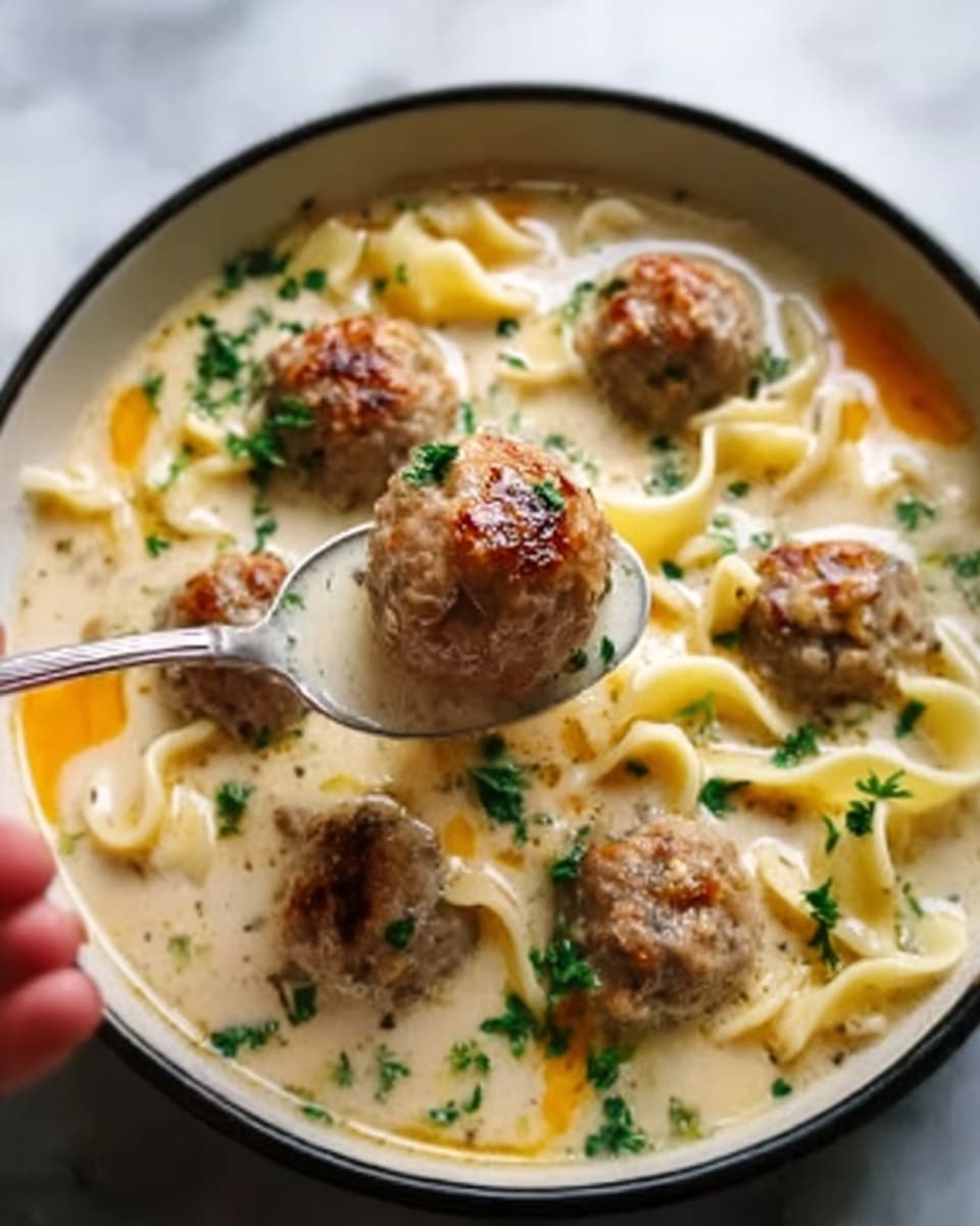 The image shows a bowl filled with a creamy soup that has a thick, smooth texture and a light yellowish color. Inside the soup, there are seven browned meatballs scattered throughout, some half-submerged and some fully visible, showing a rough, crumbly surface. Flat, wide noodles with a pale yellow color float around the meatballs, mixing with small orange carrot pieces and bits of green herbs that add contrast and freshness. A vintage silver spoon holds one meatball above the soup, catching the light, with the white bowl sitting on a white marbled surface. Photo taken with an iphone --ar 4:5 --v 7