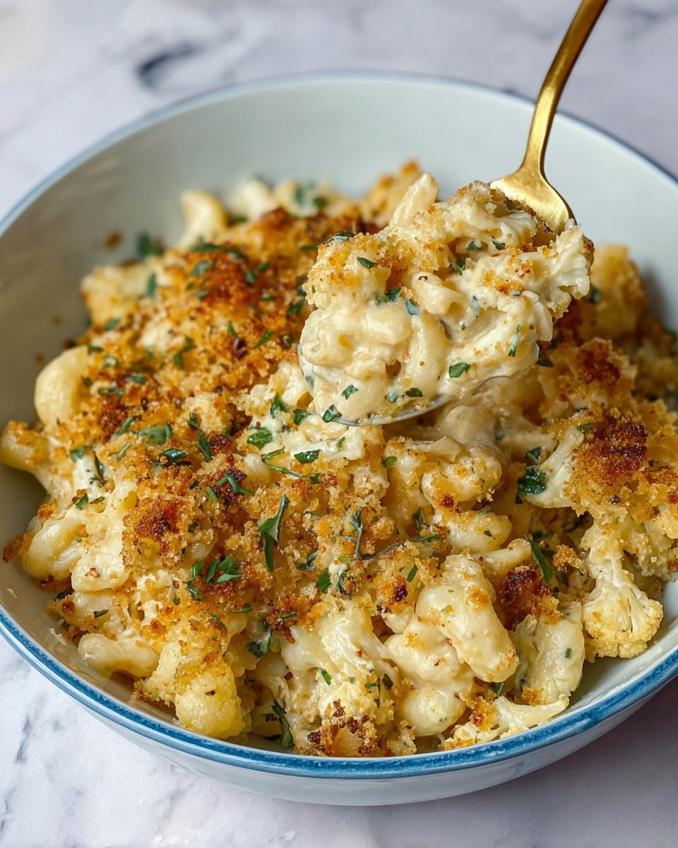 A serving of creamy macaroni and cheese sits in a white bowl with a blue trim, placed on a white marbled texture. The dish has two main layers: the base layer is spiral pasta covered in thick, smooth, light yellow cheese sauce with visible green herbs mixed throughout. On top is a golden-brown, crispy breadcrumb topping with small browned bits and finely chopped herbs scattered, adding texture contrast. A gold spoon is partially visible, inserted into the pasta, lifting some of the mac and cheese. The entire dish looks warm and rich, with melted cheese clinging to the pasta and breadcrumbs. Photo taken with an iphone --ar 4:5 --v 7