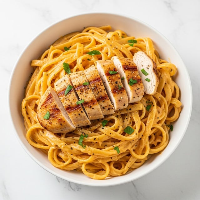 A bowl filled with creamy fettuccine pasta, layered with thick sauce that has a light orange color covering the smooth, flat noodles. Pieces of tender grilled chicken with a slight golden brown skin rest on top, sprinkled with chopped green herbs and small bits of black pepper. The pasta looks soft and glossy, with some sauce pooling slightly at the edges inside the white bowl, sitting on a white marbled background. Photo taken with an iphone --ar 4:5 --v 7