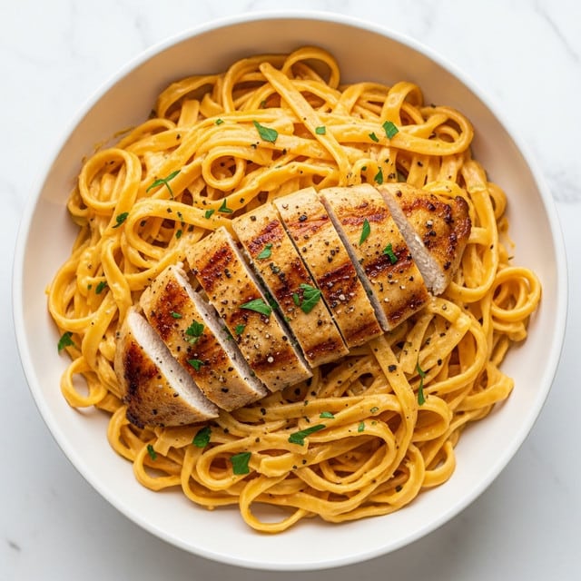 A white bowl filled with creamy pasta made of wide, flat noodles covered in a thick, smooth cheese sauce that is light orange-beige in color. The pasta is topped with small pieces of white chicken and sprinkled with green herbs and black pepper, adding small green and black dots on the top. The sauce has a shiny, rich texture that coats the pasta evenly. The bowl sits on a white marbled surface. photo taken with an iphone --ar 4:5 --v 7