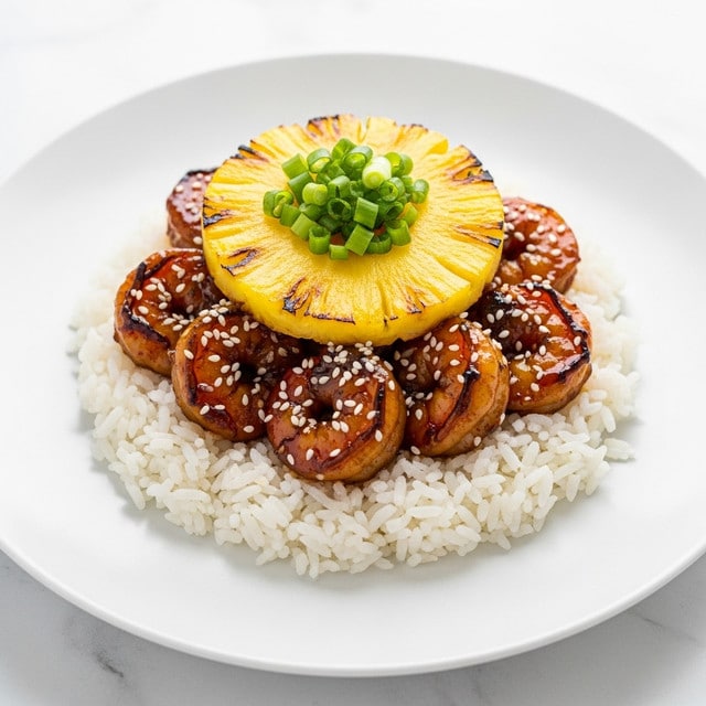 The image shows a white plate with a neat bed of steamed white rice topped with a layer of dark, shiny grilled shrimp covered in a sticky glaze and sprinkled with sesame seeds. On top of the shrimp sits a single round slice of bright yellow grilled pineapple, slightly charred at the edges, adding a pop of color and texture. A small bunch of finely chopped green onions rests on the pineapple, adding freshness and a splash of bright green. The white marbled surface underneath the plate is clean and simple. photo taken with an iphone --ar 4:5 --v 7