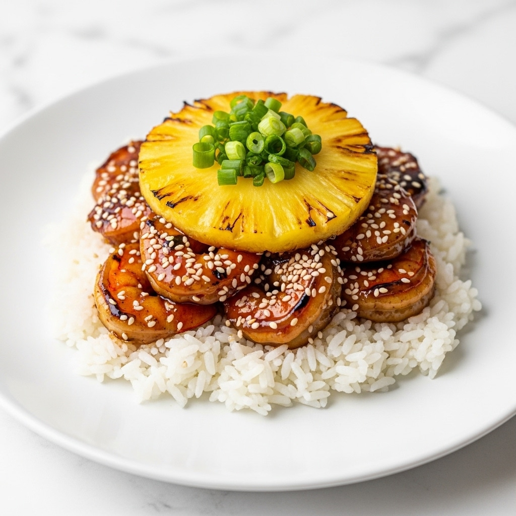 The image shows a white plate filled with a base layer of fluffy white rice. On top of the rice, there is a thick layer of dark brown grilled shrimp, glazed with a sticky, shiny sauce that looks sweet and savory. Above the shrimp, there is a single round slice of grilled pineapple marked with charred grill lines, its bright yellow color contrasting with the shrimp below. The top layer is a small pile of thinly sliced green onions adding a fresh touch. The white marbled surface under the plate brightens the scene, and a woman's hand is gently holding the edge of the plate. The photo taken with an iphone --ar 4:5 --v 7