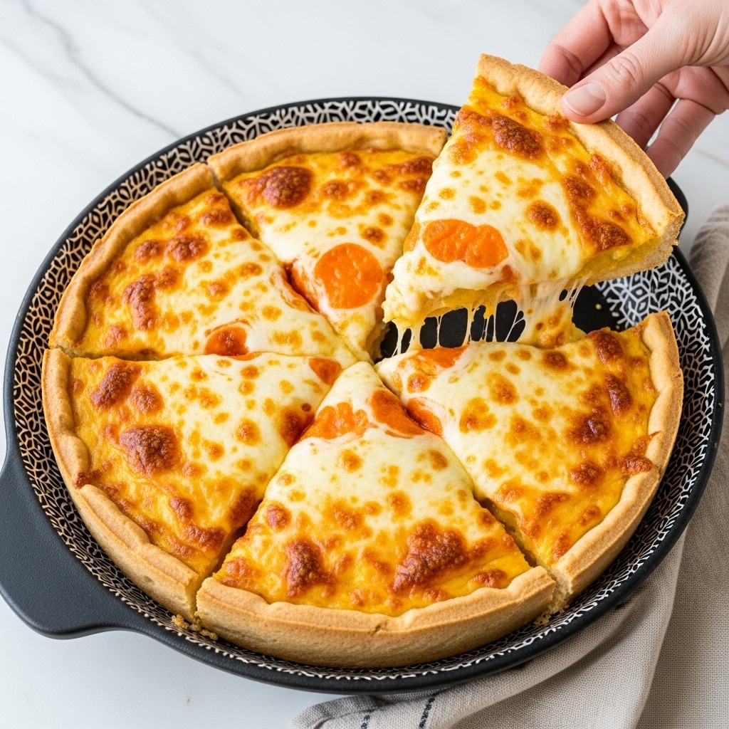 A round deep-dish pizza is cut into six slices, with one slice lifted by a woman's hand from the black and white patterned skillet. The top layer is golden-brown melted cheese with some bubbly orange spots, covering a thick, light brown crust underneath. The skillet sits on a white marbled surface with a cloth napkin nearby. photo taken with an iphone --ar 4:5 --v 7