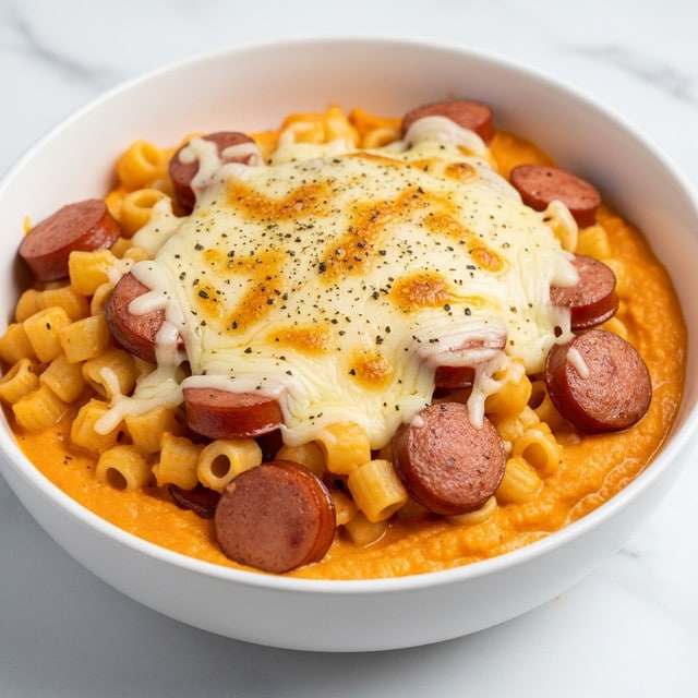 A white bowl filled with three layers of pasta and sauce. The bottom layer is smooth, creamy orange sauce covering the pasta completely. Above this is a layer of small, round pasta pieces mixed with sliced sausages that are pinkish-brown in color. On top, melted cheese is spread unevenly, with some parts golden brown and bubbly, sprinkled lightly with black pepper. The bowl sits on a white marbled surface. photo taken with an iphone --ar 4:5 --v 7