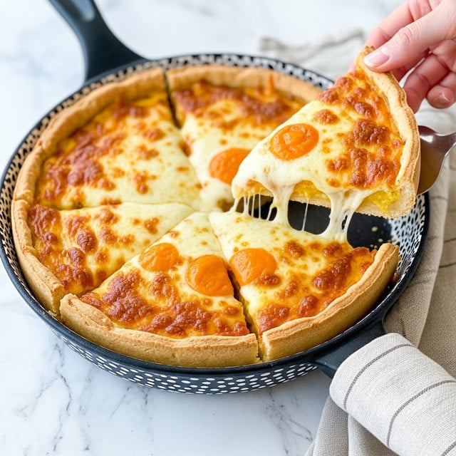 The image shows a round baked pie in a black pan with white floral patterns on the edge. The pie is cut into six slices, with one slice being lifted by a woman's hand from the right side. The top layer is golden brown with melted cheese that looks slightly crispy. The pie's crust is visible around the edges, light brown and slightly flaky. The background is a white marbled surface, and the pan rests on a woven, beige placemat with a blue and white checkered cloth nearby. photo taken with an iphone --ar 4:5 --v 7