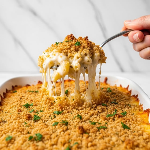 A close-up of a white square baking dish filled with macaroni and cheese, showing a thick layer of golden brown crispy breadcrumb topping with some green herbs sprinkled on top. A spoon lifts a large scoop revealing gooey, melted cheese strands stretching between the spoon and the dish, and underneath the crunchy top is creamy, yellowish macaroni cheese with a smooth texture. The background has a white marbled texture, and a woman's hand holds the spoon in the upper right corner. photo taken with an iphone --ar 4:5 --v 7