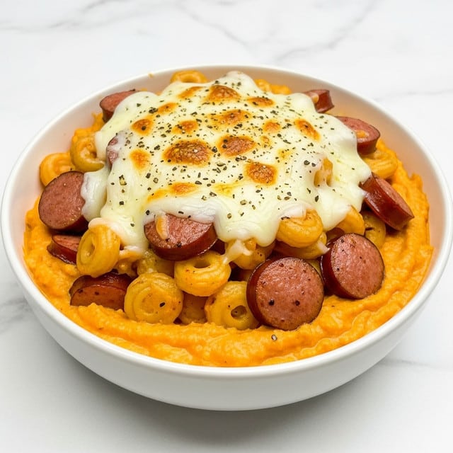 A white bowl filled with a creamy pasta dish featuring three layers: the bottom layer shows small shell pasta coated in a smooth orange cheese sauce, the middle layer has sliced sausage pieces with a reddish-brown color scattered evenly, and the top layer is melted cheese slightly browned with some herbs sprinkled on top. The texture looks rich and cheesy, and the bowl sits on a white marbled surface. photo taken with an iphone --ar 4:5 --v 7