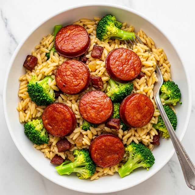 A close-up view of a white bowl filled with a dish made of small pieces of orzo pasta, bright green broccoli florets, and round, browned sausage slices. The pasta is light golden and slightly shiny, forming the main base layer. The broccoli pieces are scattered evenly throughout, adding a fresh, vibrant green color and a bumpy texture. On top and mixed inside, there are slices of sausage that are deep brown and have a slightly crispy surface with a juicy look inside. A silver fork is inside the bowl. The bowl is placed on a white marbled surface. photo taken with an iphone --ar 4:5 --v 7