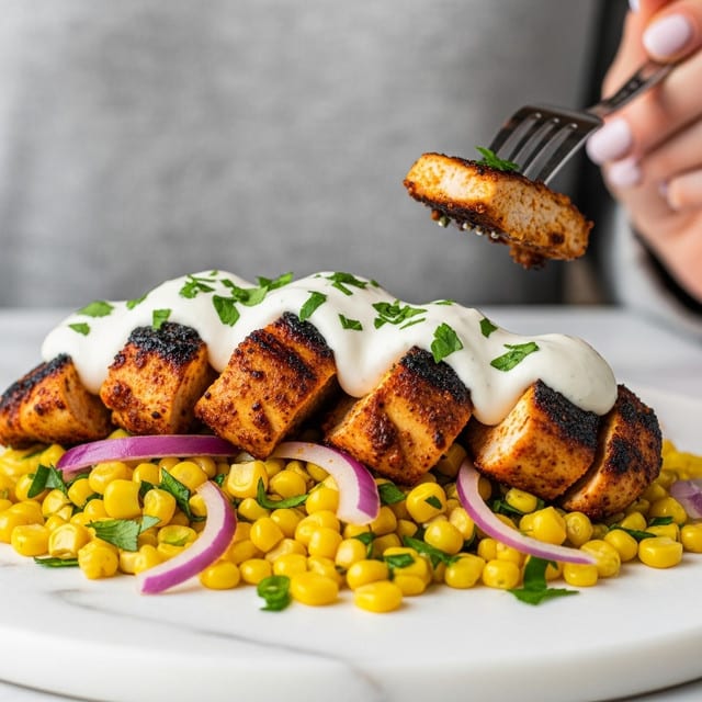 This dish shows several layers with the bottom layer made of bright yellow corn kernels mixed with green cilantro leaves scattered around. On top of the corn, there are golden-brown grilled pieces of chicken with a slightly charred texture, looking juicy and well-seasoned. Creamy white sauce is drizzled generously over the chicken, with some of it dripping down onto the corn. Thin slices of purple-red onion rings are placed sparingly for contrast. A woman's hand holding a fork is lifting one chunk of chicken from the white bowl, which sits on a white marbled surface. photo taken with an iphone --ar 4:5 --v 7