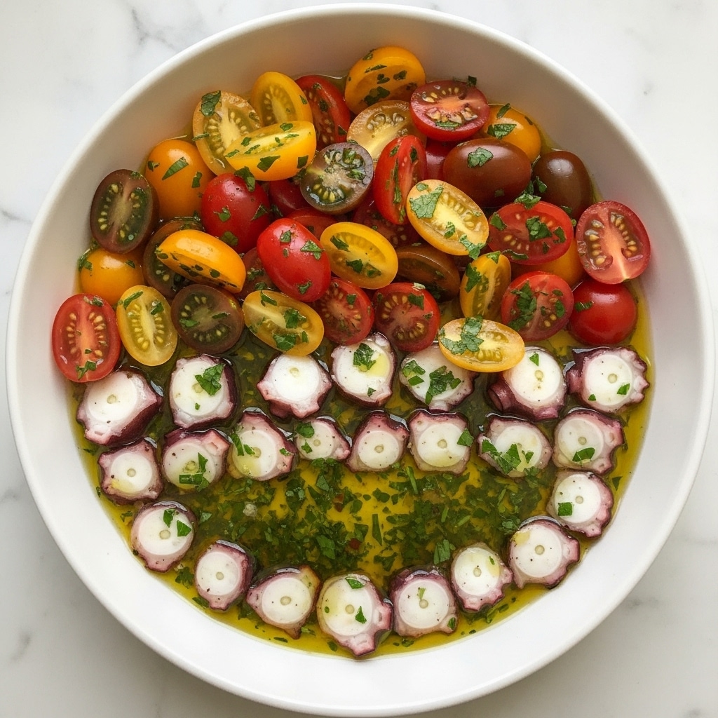 A white shallow bowl filled with a colorful octopus salad, consisting of purple and white octopus tentacles cut into bite-size pieces, scattered with bright yellow and red cherry tomatoes cut in halves, and finely chopped green herbs sprinkled evenly on top. The salad is coated lightly with a glossy dressing that pools slightly at the bottom of the bowl, resting on a white marbled surface. photo taken with an iphone --ar 4:5 --v 7