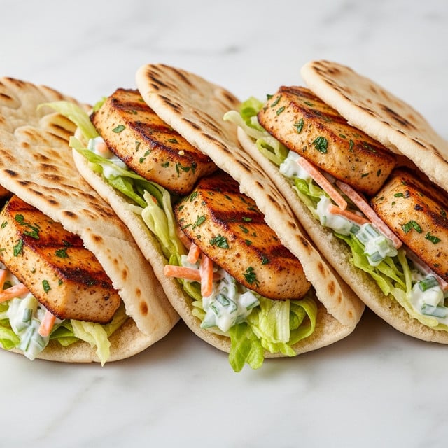 The image shows three soft pita sandwiches lined side by side, each filled with layers of ingredients. The base layer inside each pita is shredded lettuce mixed with small orange pieces and creamy white sauce dotted with green herbs, giving it a fresh and light texture. On top of this, there are thick slices of grilled chicken with a slightly crispy, seasoned orange-brown surface and juicy white inside, arranged to show their texture. The pita bread itself is white with light brown toasted spots and is folded gently to hold the fillings. The whole scene is set on a white marbled surface. photo taken with an iphone --ar 4:5 --v 7