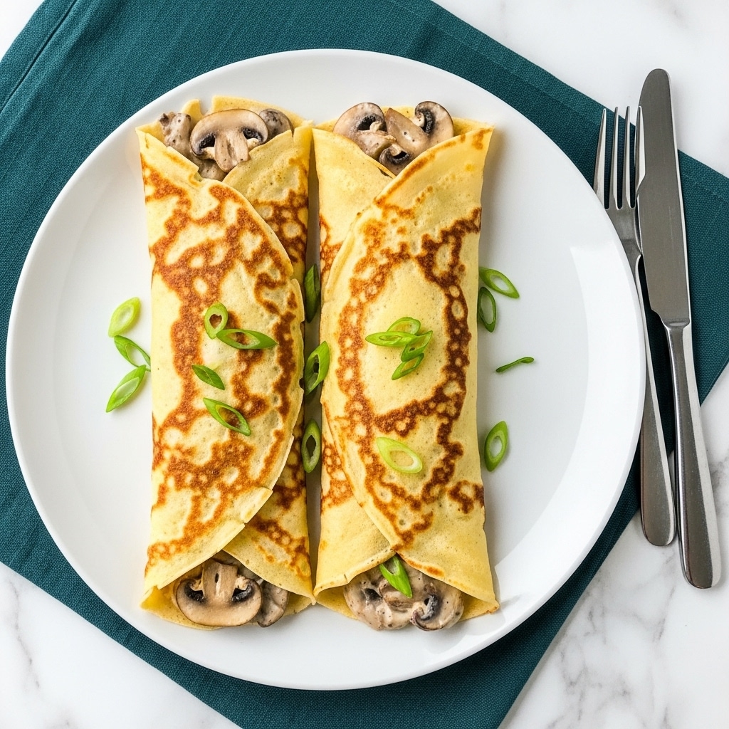 Two rolled crepes are placed side by side on a round white plate, each with a golden-brown outer layer showing light crisp spots. Inside, the crepes are filled with a creamy sauce mixed with sliced mushrooms, visible at the open ends. Thin slices of green onion are scattered on top of the crepes and a few pieces hang over the edge of the plate. The plate is set on a dark teal cloth over a white marbled surface, with a fork and knife placed neatly to the right of the plate. photo taken with an iphone --ar 4:5 --v 7
