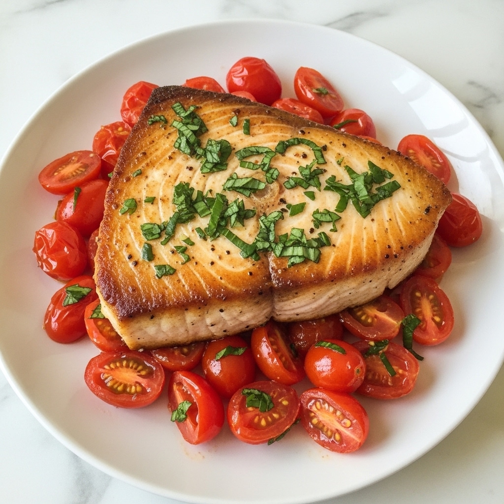 The image shows a thick, golden-brown seared swordfish steak with a slightly crispy surface, sitting on a bed of bright red cherry tomatoes with some cut pieces revealing juicy interiors. The swordfish is topped with chopped fresh green herbs, likely basil or parsley, adding a vibrant touch. The dish is presented on a clean white plate against a white marbled texture background, emphasizing the colorful contrast of the fish and tomatoes. Photo taken with an iphone --ar 4:5 --v 7