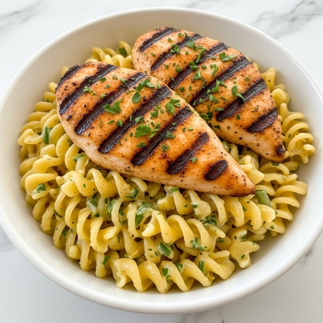A white bowl filled with creamy, light yellow pasta that has small bits of green herbs mixed in, topped with three pieces of golden-brown grilled chicken with a slightly charred texture and sprinkled with finely chopped green herbs. The creamy sauce on the pasta looks smooth and rich, covering the curly pasta shapes well. The bowl sits on a white marbled surface. photo taken with an iphone --ar 4:5 --v 7