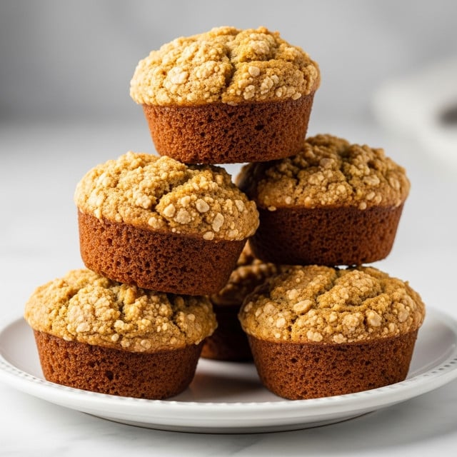 Four muffins are stacked in a tower on a white plate, with two muffins on the bottom, one in the middle, and one on top. Each muffin has a golden-brown color with a rough, crumbly texture on the top, showing some uneven peaks and a slightly darker edge. The muffins have a moist, dense appearance with small visible bits inside. The plate sits on a white marbled surface, and the background is a soft, plain light gray. photo taken with an iphone --ar 4:5 --v 7