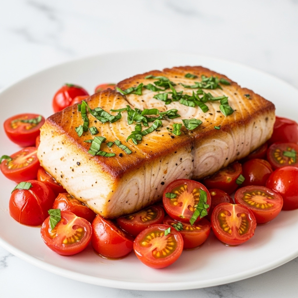 The image shows two views of a thick, seared swordfish steak with a golden-brown crust placed on top of bright red cooked cherry tomatoes. The swordfish steak has a slightly crispy texture with black pepper specks and is garnished with fresh, chopped green basil leaves on top. The first view shows the swordfish in a black pan with whole fresh basil leaves beside it, and the second view shows the swordfish served on a white plate surrounded by the vibrant red tomatoes and sprinkled with more fresh chopped basil. The background is a white marbled texture. Photo taken with an iphone --ar 4:5 --v 7