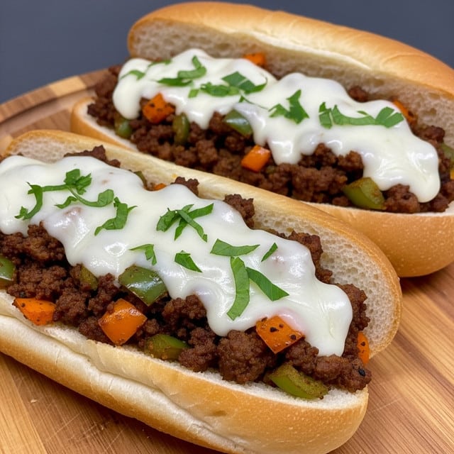 Two soft, golden brown sandwich buns are sliced open and filled with layers. The first layer inside the bun is a mix of cooked ground beef with small chunks of cooked orange and green bell peppers and some chopped green herbs. On top of the meat and vegetables, there is melted white cheese that softly covers the filling, slightly shiny and stretching in places. The sandwiches rest on a round wooden board, and the whole scene is set on a white marbled surface. photo taken with an iphone --ar 4:5 --v 7
