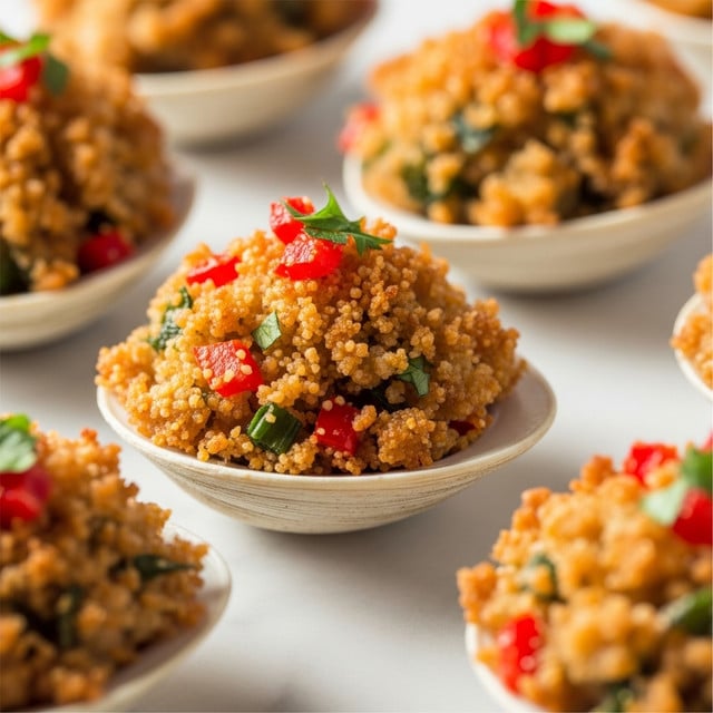 The image shows a close-up of several stuffed clam shells on a white marbled surface. Each shell is filled with a crispy, golden-brown mixture that has a crunchy texture. The stuffing includes small pieces of red peppers and green herbs, adding bright red and green colors to the warm brown base. The clam shells themselves are white and slightly glossy, filled to the top with the stuffing. The focus is on one central clam shell with others slightly blurred in the background, showing the details of the crunchy, colorful topping. Photo taken with an iphone --ar 4:5 --v 7