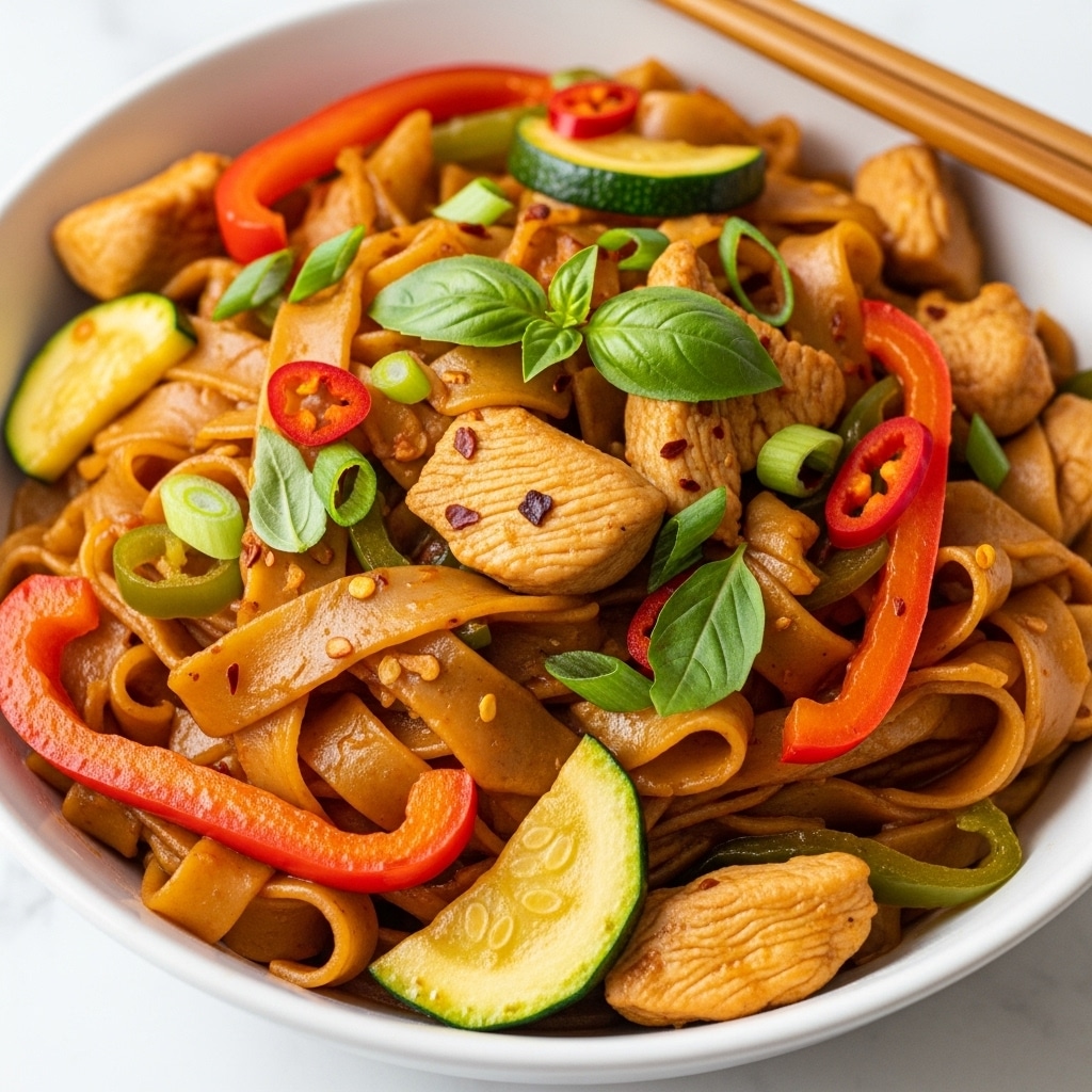 A white bowl filled with wide, flat noodles in a light brown sauce forms the base layer, mixed with small pieces of cooked chicken that have a slightly browned texture. Scattered throughout are thin slices of green zucchini and crisp red bell pepper strips adding bright color. Over the top, there are finely chopped green onions and fresh green herbs providing a fresh and vibrant touch. The dish is sprinkled with small red chili flakes and black pepper, giving a speckled look of spices. The bowl sits on a white marbled surface with part of another similar bowl visible in the background photo taken with an iphone --ar 4:5 --v 7