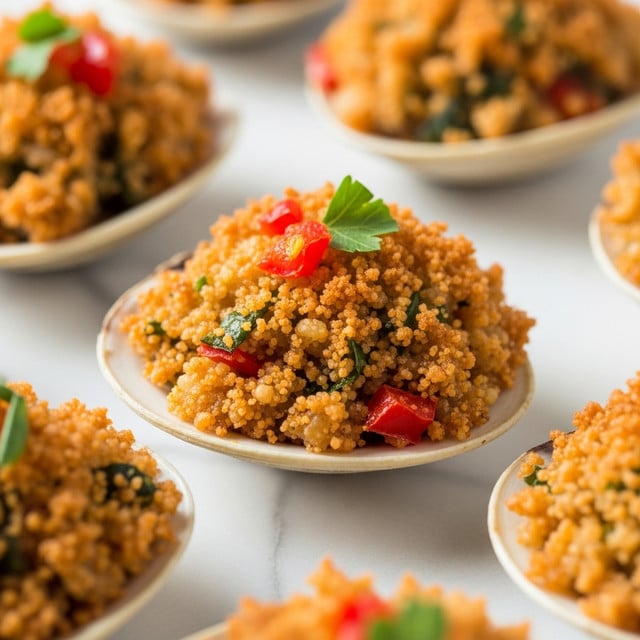 This image shows several clam shells filled with a golden brown baked topping that appears crispy and slightly chunky. The topping includes small red pieces, likely peppers, and bits of green herbs scattered throughout. The shells, white with some brown outer edges, sit directly on a white marbled surface, giving a clean and fresh look. The overall texture of the topping looks crunchy and uneven, with some parts more browned than others. In the background, there are stacked white plates blurred out, adding depth to the image. photo taken with an iphone --ar 4:5 --v 7