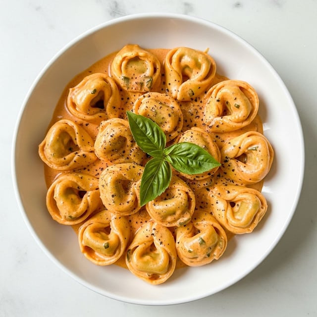A white bowl filled with about ten tortellini pasta pieces covered in a thick orange creamy sauce with green herb bits mixed in. The tortellini are soft yellow with a smooth texture, arranged close together in a circular pattern. The sauce coats the tortellini evenly, with some pooling at the bottom. On top, two fresh green basil leaves sit in the center, and a light sprinkle of black ground pepper is scattered over the dish. The bowl rests on a white marbled surface. photo taken with an iphone --ar 4:5 --v 7