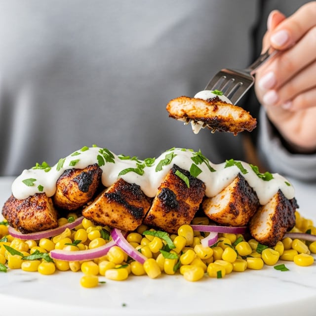 The image shows a close-up of a dish with several layers and rich colors. The bottom layer is bright yellow corn kernels mixed with small bits of green herbs and thin slices of purple onion. On top of this is a layer of grilled chicken pieces, which are browned with a spicy coating and slightly charred edges. A drizzle of white creamy sauce is spread generously over the chicken and corn, sprinkled with chopped green herbs, adding a fresh touch. The dish is placed on a white marbled surface, and a woman's hand holding a fork is visible near the top right, lifting a piece of chicken. Photo taken with an iphone --ar 4:5 --v 7