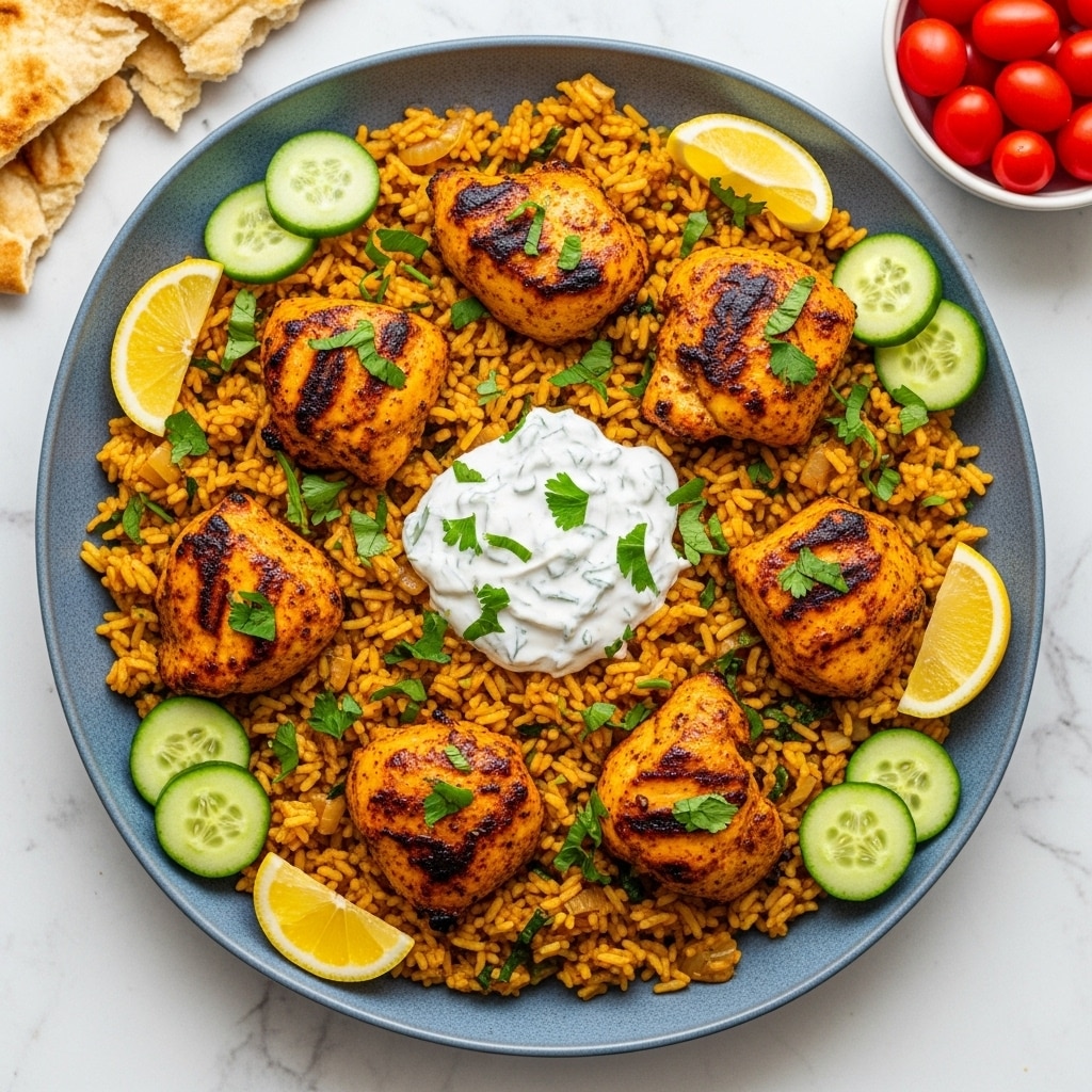 A large blue-gray oval plate filled with a base layer of yellow-orange seasoned rice mixed with small pieces of cooked onions and green herbs. On top, several golden-brown grilled chicken pieces are scattered, each with slightly charred edges. A generous dollop of white yogurt sauce with chopped green herbs is placed in the center of the rice. Around the edges, thin cucumber slices and lemon wedges add fresh green and yellow hues. The dish is garnished with chopped green herbs sprinkled all over. In the background, there are pieces of flatbread and a small bowl of bright red cherry tomatoes on a white marbled surface. photo taken with an iphone --ar 4:5 --v 7