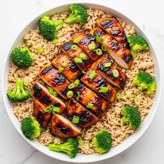 A black bowl filled with a base layer of light brown cooked rice, topped with several pieces of glazed grilled chicken arranged to cover almost the whole surface, each chicken piece shown with a shiny, sticky, caramelized sauce and slight char marks. Small green chopped scallions are scattered on top of the chicken. Around the edges, small bright green broccoli florets are placed for garnish. The background is a white marbled texture. photo taken with an iphone --ar 4:5 --v 7