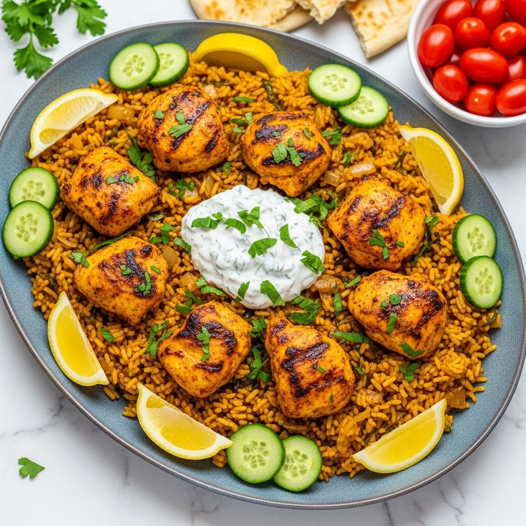 A large oval gray plate filled with a base layer of yellow spiced rice mixed with small pieces of vegetables and herbs. On top, there are several browned, grilled chicken pieces scattered around. In the center, there is a thick white yogurt sauce with green herbs mixed in. Garnishing the dish are three slices of green cucumber on the left and right sides, and two lemon wedges placed opposite each other along the plate’s edge. The plate is on a wooden surface with some flatbread stacked nearby and a small white bowl of red cherry tomatoes visible in the background. The photo taken with an iphone --ar 4:5 --v 7