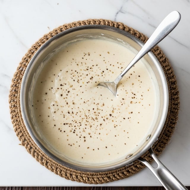 A shiny silver pot filled with smooth, creamy white sauce that has small black pepper flakes sprinkled on top. A silver spoon rests inside the pot, with its handle leaning on the edge. The pot sits on a textured beige knitted cloth on a white marbled surface. The sauce looks thick and evenly mixed with a soft, glossy texture. Photo taken with an iphone --ar 4:5 --v 7