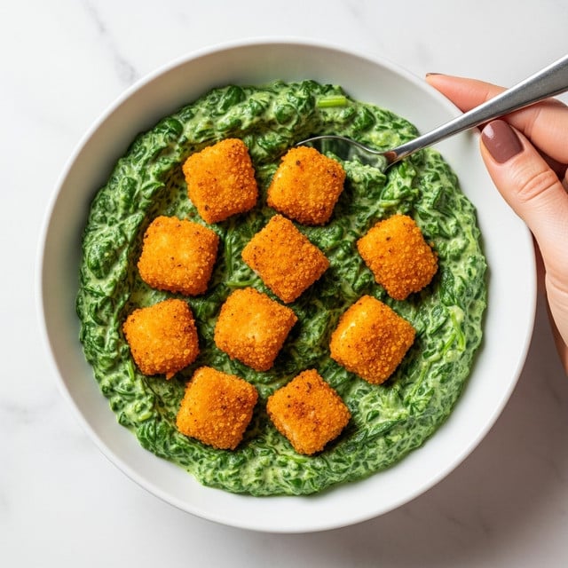 A white bowl filled with two main layers: the bottom layer is a creamy mixture of green spinach and white sauce, textured and slightly chunky, while the top layer consists of small pieces of crispy, golden-brown roasted sweet potatoes and browned chicken chunks scattered evenly. A woman's hand is holding the edge of the bowl on the lower right side. The bowl sits on a white marbled surface. Photo taken with an iphone --ar 4:5 --v 7