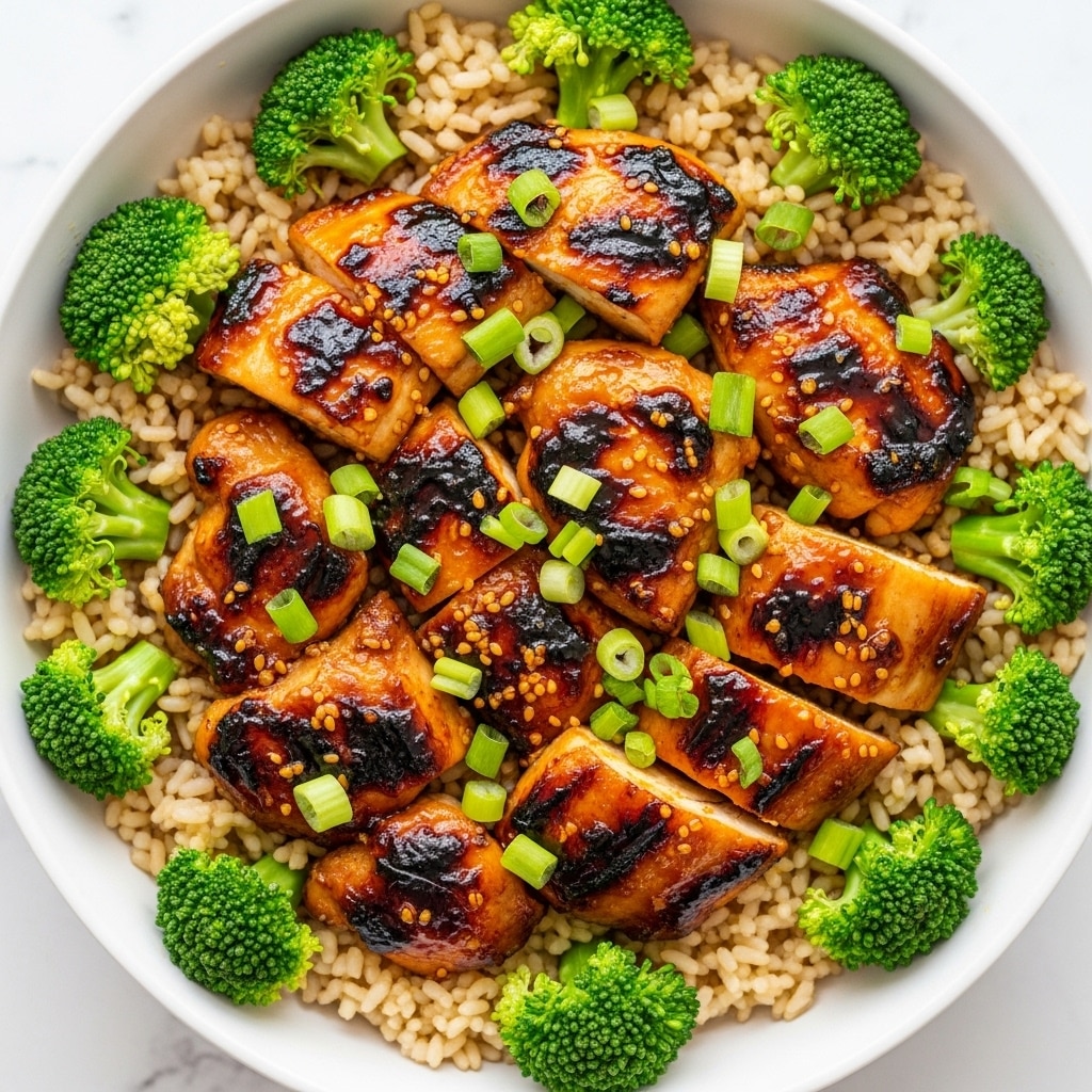 A white bowl filled with a base layer of cooked rice, light brown in color and fluffy in texture. On top, there are multiple pieces of grilled chicken with a shiny, dark orange glaze that looks sticky and caramelized with some charred edges. Bright green chopped scallions are sprinkled all over the chicken. Around the edges of the rice, small green broccoli florets add color contrast. The photo is on a white marbled surface. Photo taken with an iphone --ar 4:5 --v 7