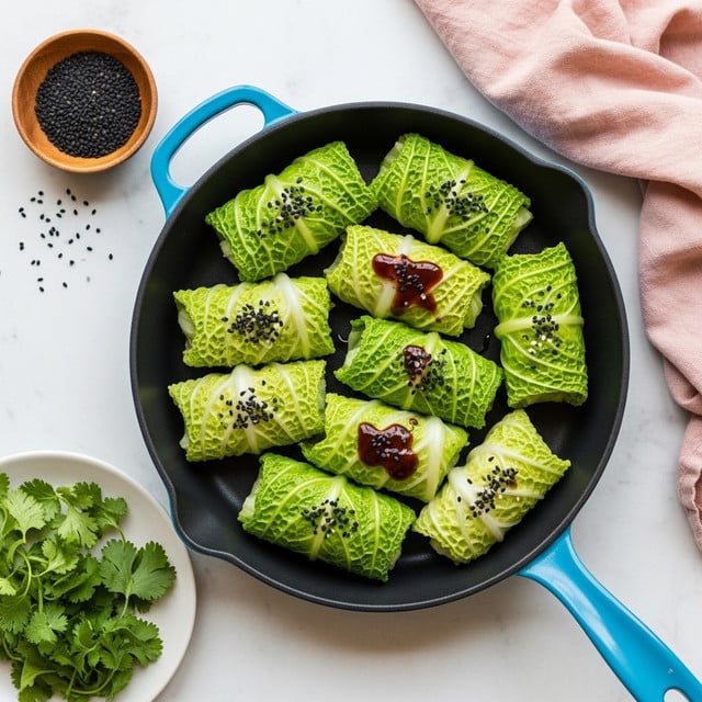 The image shows ten green cabbage leaves wrapped into small bundles, arranged closely together inside a black pan with a blue handle. Each cabbage bundle has bright, light green leaves with crispy white veins, and some have a dark brown sauce drizzled on top, adding a glossy texture. Above the pan, there is a small wooden bowl filled with black sesame seeds. Below the pan, a white plate holds fresh green cilantro leaves, and to the upper right, a soft pink cloth is casually placed. The surface beneath everything is a white marbled texture. Photo taken with an iphone --ar 4:5 --v 7