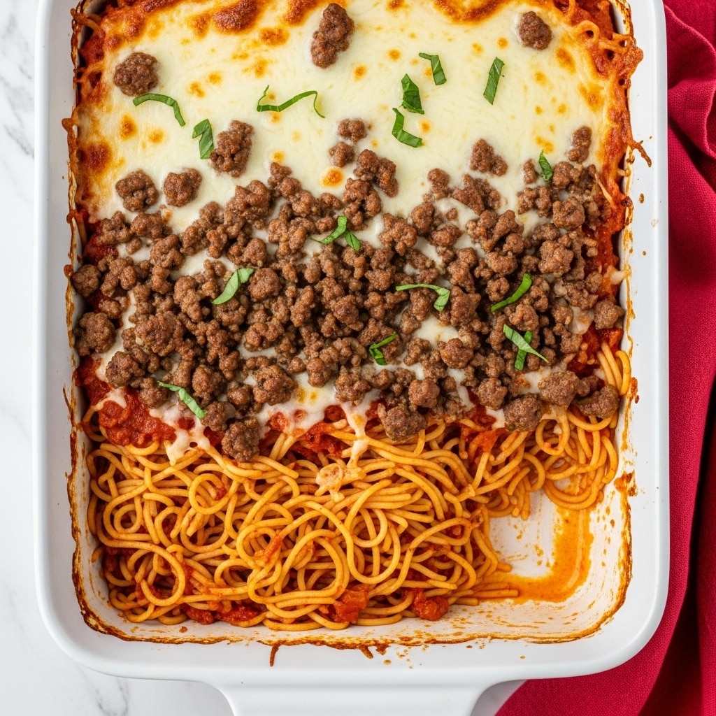 A white baking dish filled with a baked spaghetti casserole showing three main layers: at the bottom, a thick layer of bright red tomato sauce mixed with small browned ground meat pieces; next, a generous layer of yellow-orange cooked spaghetti noodles twisted and spread evenly; on top, melted creamy white cheese covers most of the surface in patches with a slightly browned texture, sprinkled with fresh small green basil leaves for color contrast. The dish is placed on a white marbled surface with a red and white checkered cloth partially underneath, and a silver serving spoon rests beside a white plate with green checkered edges. Photo taken with an iphone --ar 4:5 --v 7