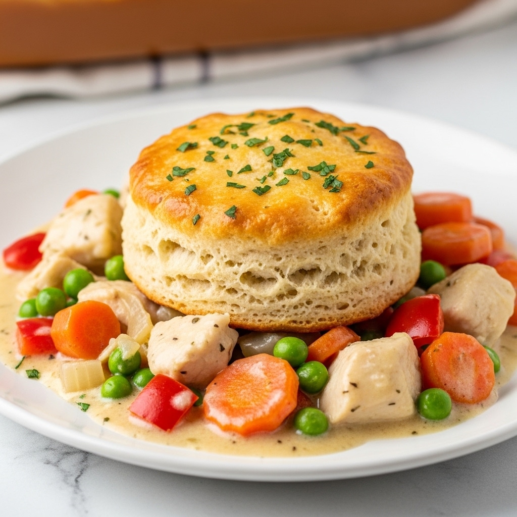 A white plate holds a thick biscuit on top of a creamy stew layer that contains visible pieces of shredded chicken, orange carrot cubes, green peas, and small bits of red bell pepper, all coated in a light beige sauce. The biscuit is golden brown with a textured top sprinkled with chopped green herbs, showing soft layers inside. The plate is set on a white marbled surface with warm yellow lighting that highlights the stew’s creamy texture and the biscuit’s flaky crust. Photo taken with an iphone --ar 4:5 --v 7