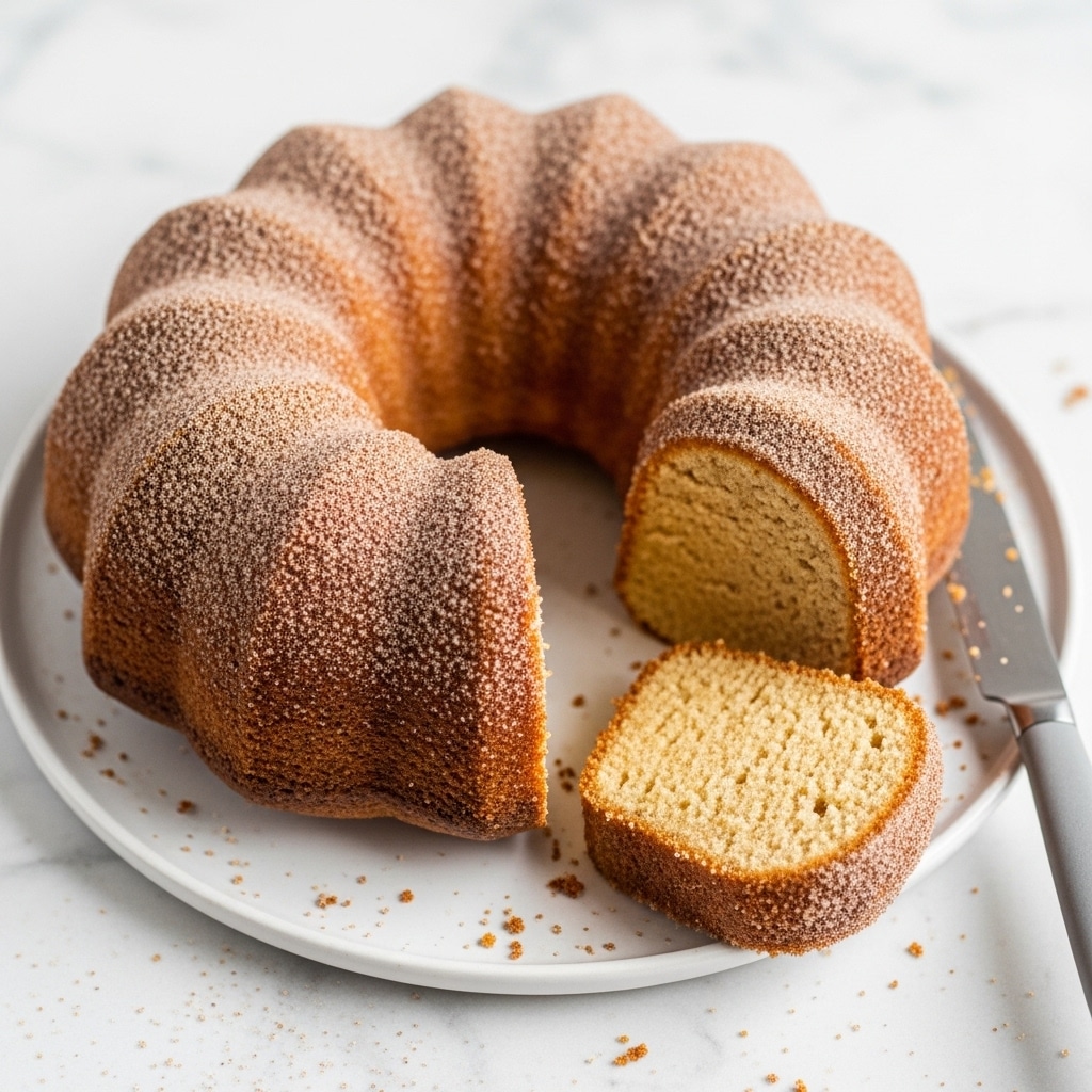 A round bundt cake with six swirling ridges, coated evenly in a light dusting of cinnamon sugar, sits on a white plate. Two slices are cut out from the cake; one rests flat on the plate showing a moist, dense, light brown inside with a slightly darker crust, while the other slice stands upright in the foreground. A knife with a black handle and crumbs on the blade lays next to the slices on the plate. The plate is placed on a white marbled surface with a rustic white wooden texture beneath it. photo taken with an iphone --ar 4:5 --v 7