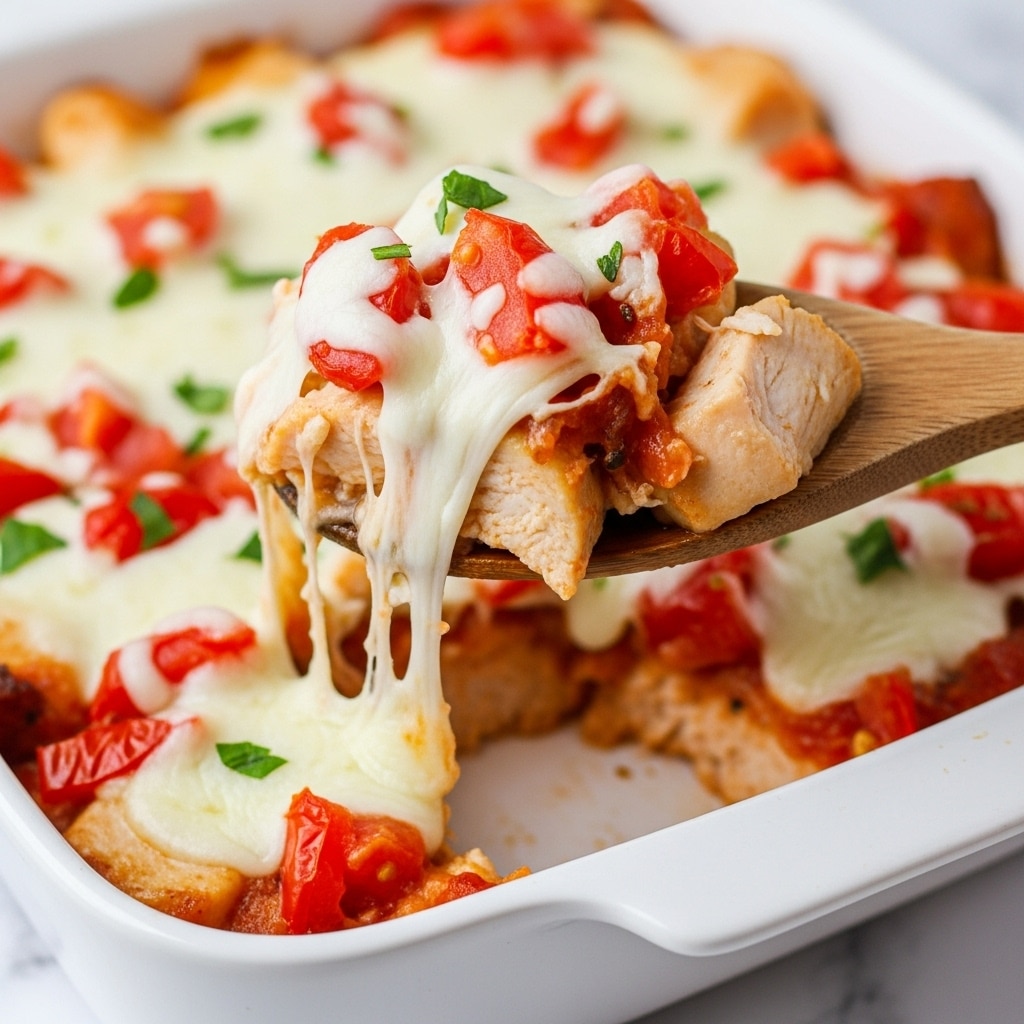 A close-up of a wooden spoon lifting a serving of a casserole from a white dish on a white marbled surface. The casserole has layers starting with chunks of cooked chicken that are light brown and tender, topped with melted mozzarella cheese that is gooey and stretchy in white, and bright red tomato pieces scattered throughout. Small bits of green herbs are sprinkled on top, adding a touch of color. The background shows the rest of the dish filled with the same mixture of chicken, melted cheese, and tomatoes. Photo taken with an iphone --ar 4:5 --v 7
