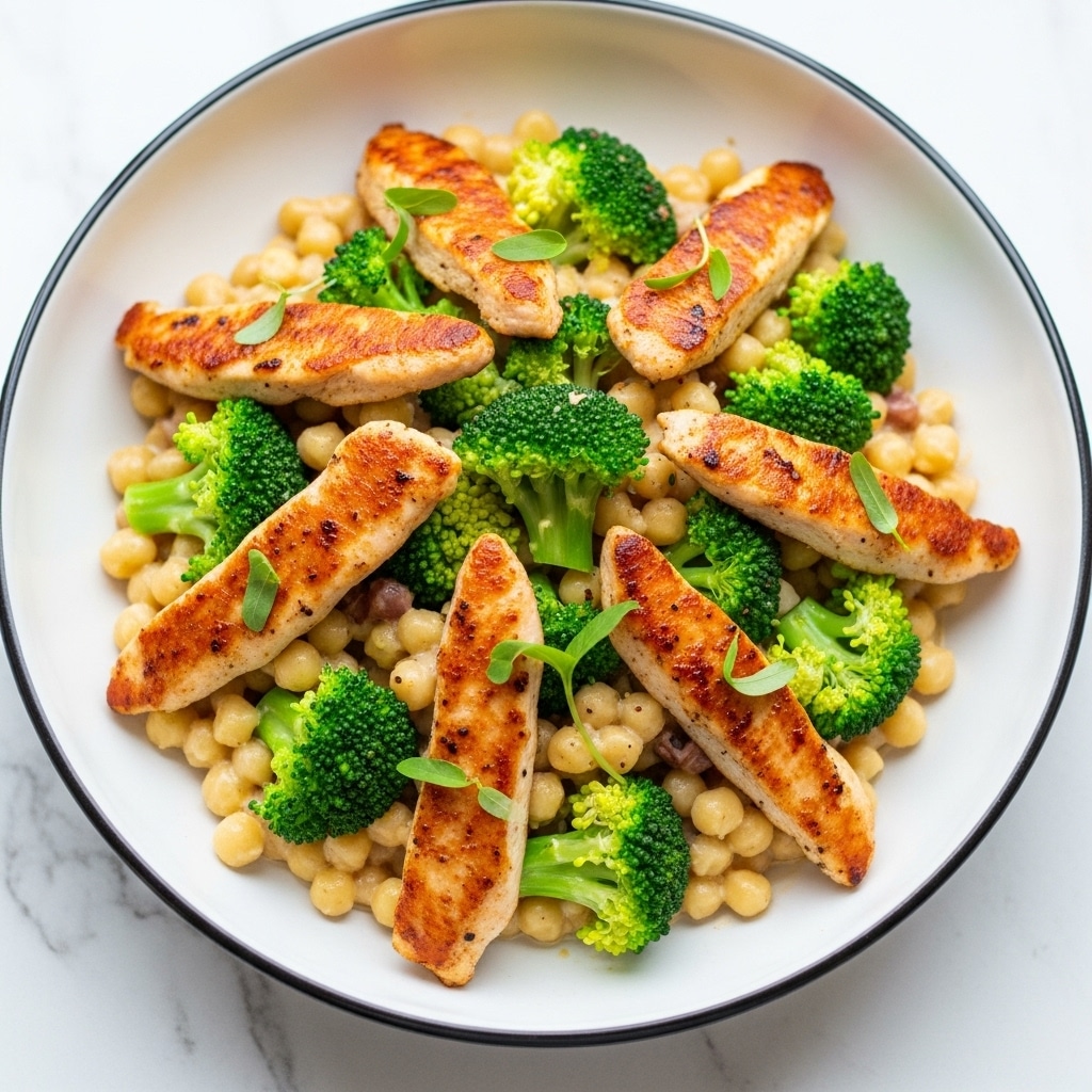 The image shows a close-up of a creamy pasta dish served in a white bowl with a thin dark rim. The dish has three main layers visible: tender pieces of chicken placed on top, creamy pasta in the middle with a light yellow color and smooth texture, and bright green broccoli florets scattered throughout. Fresh herbs lightly sprinkle the top, adding tiny green specks. The bowl sits on a white marbled surface, enhancing the fresh and clean look of the photo. Photo taken with an iphone --ar 4:5 --v 7