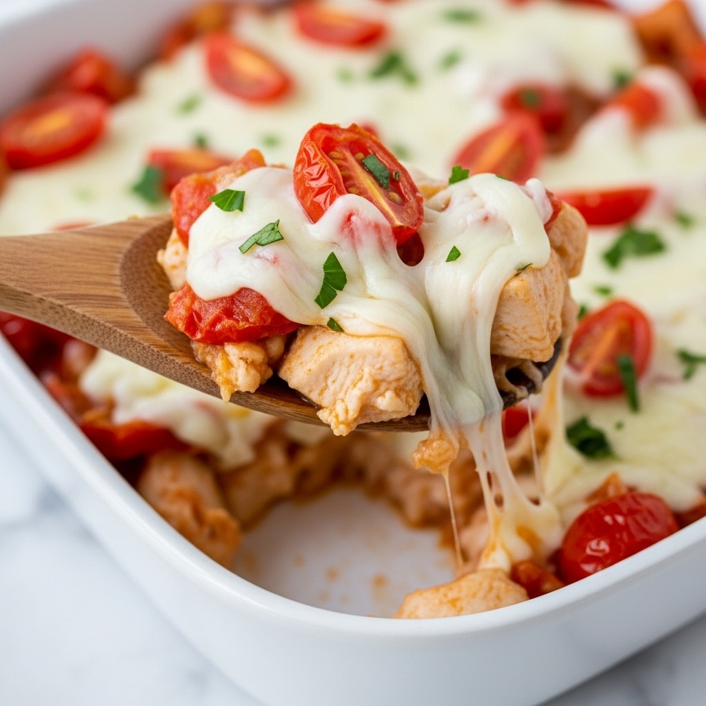 The image shows a close-up of a wooden spoon lifting a portion of a cheesy chicken dish from a white baking dish on a white marbled surface. The lifted portion has three main layers: at the top, melted white cheese stretches and drips slightly, covered with small green herbs; underneath, chunky pieces of cooked chicken appear golden brown with light searing; at the bottom, bright red tomato chunks add color and texture. The white baking dish is partially filled with more cheese, chicken, and tomatoes mixed together. The background is softly blurred with a purple cloth visible. The photo taken with an iphone --ar 4:5 --v 7