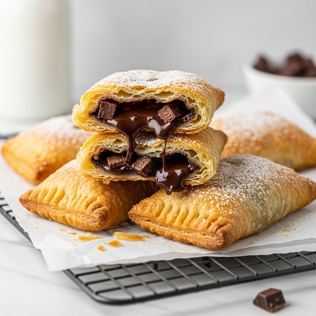 The image shows three golden brown, flaky pastries stacked on parchment paper over a cooling rack on a white marbled surface. The top pastry is broken open, revealing a rich, melted dark chocolate filling inside with visible chocolate chunks. The pastries have a light dusting of powdered sugar on top, highlighting their crispy layers and flaky texture. In the background, blurred elements include a white bottle and a bowl with more chocolate pieces. Photo taken with an iphone --ar 4:5 --v 7