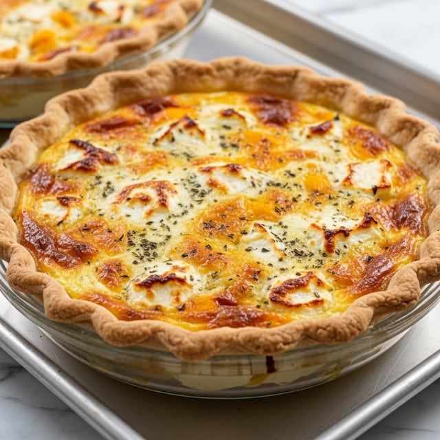 A close-up of a freshly baked quiche in a clear glass pie dish with a golden brown, thick crust that is fluted around the edges; the top layer is a creamy, slightly browned custard with a mix of melted white and light orange cheeses and sprinkled with dark herbs, giving a textured look with some uneven golden spots. The pie dish is placed on a silver oven tray, and another similar quiche is in the background, slightly out of focus. The whole scene is set on a white marbled texture. photo taken with an iphone --ar 4:5 --v 7