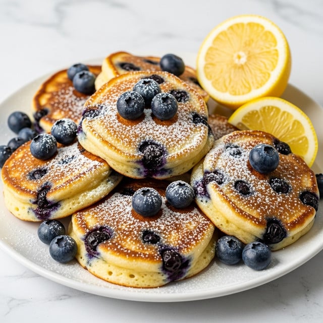 A white plate holds a stack of six thick, round blueberry pancakes with a golden brown top layer showing cooked blueberries embedded inside. Each pancake is fluffy and light beige on the sides, with powdered sugar sprinkled over the top and fresh whole blueberries placed on and around the pancakes. A lemon wedge rests at the back edge of the plate, all set against a white marbled textured background. Photo taken with an iphone --ar 4:5 --v 7