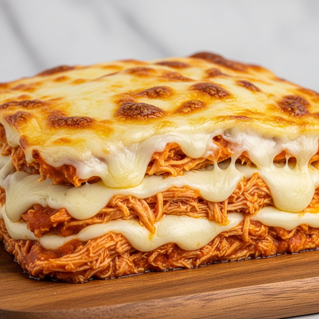 A close-up of a rectangular baked dish with three thick layers of creamy melted cheese on top, golden brown and bubbly, covering shredded chicken in a rich orange sauce underneath. The edges of the cheese layer are slightly browned and stretch over the sides, with moist chicken threads peeking out from the middle and bottom layers. The dish sits on a wooden board with a white marbled background. photo taken with an iphone --ar 4:5 --v 7
