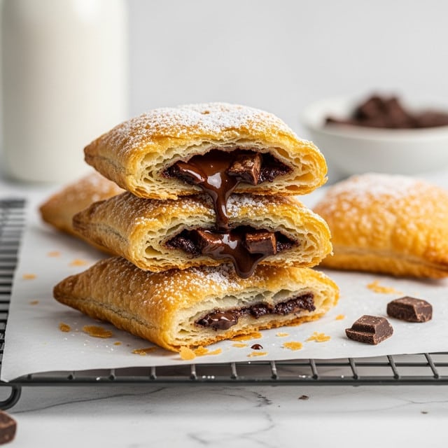 The image shows golden brown pastries with flaky, layered crust and dark chocolate chips peeking out at the ends. One pastry is broken open and rests on top of another, revealing a gooey, melted dark chocolate filling inside the delicate, crispy layers. The pastries are placed on parchment paper over a wire rack with a light dusting of powdered sugar on top and around them, resting on a white marbled surface. The background is softly blurred with a white bottle and a bowl of chocolate chips faintly visible. Photo taken with an iphone --ar 4:5 --v 7