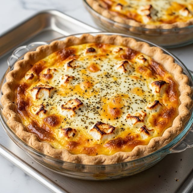 A fresh baked quiche with a thick, golden brown, fluted crust forms the base, holding a creamy filling made of layers of melted cheese with light golden and white patches scattered throughout. Thin slices of browned caramelized onions are spread across the top, along with a sprinkling of dried herbs that add a touch of dark green contrast. The quiche is placed on a clear glass pie dish sitting on a silver baking tray, all set against a white marbled surface. In the background, another quiche of similar appearance is partially visible. photo taken with an iphone --ar 4:5 --v 7