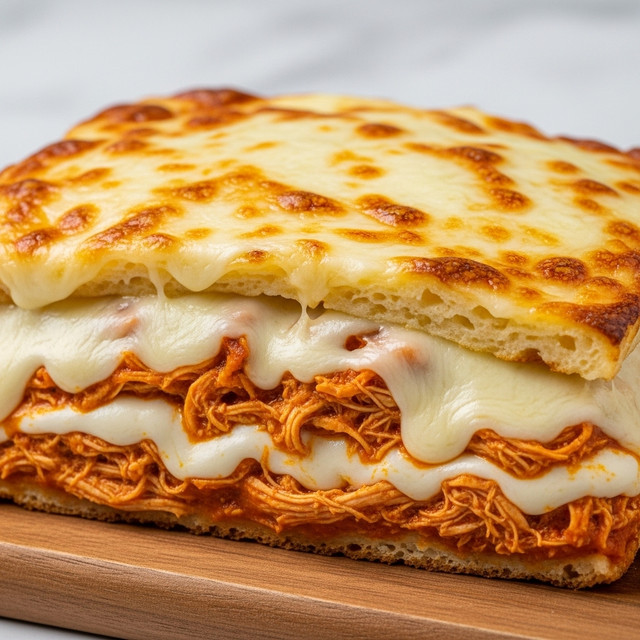 A long, thick tortilla wrap filled with shredded chicken mixed with a rich orange sauce. The wrap is fully covered with a generous, even layer of melted cheese that is golden and bubbly on top. The edges of the tortilla are slightly visible under the cheese, and some chicken strands peek out from the side. The dish is presented on a rustic wooden board with a blurred background featuring warm tones. The photo has a close-up view showing gooey cheese texture and the juicy filling. Photo taken with an iphone --ar 4:5 --v 7