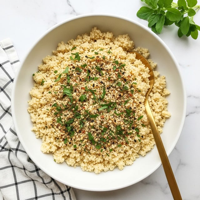 A white bowl filled with a fluffy layer of cooked couscous that is light beige in color, topped with finely chopped green herbs and small specks of black and red seasoning spread evenly across the surface. A golden spoon is placed inside the bowl on the right side, partially immersed in the couscous. The bowl rests on a white marbled surface with a small green leafy herb to the upper right, and a white and black checkered cloth is partially visible on the lower left side. Photo taken with an iphone --ar 4:5 --v 7
